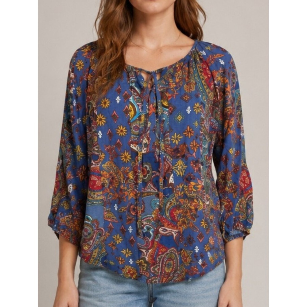 Anthropologie Figueroa & Flower Blue Paisley Boho Blouse Top Small